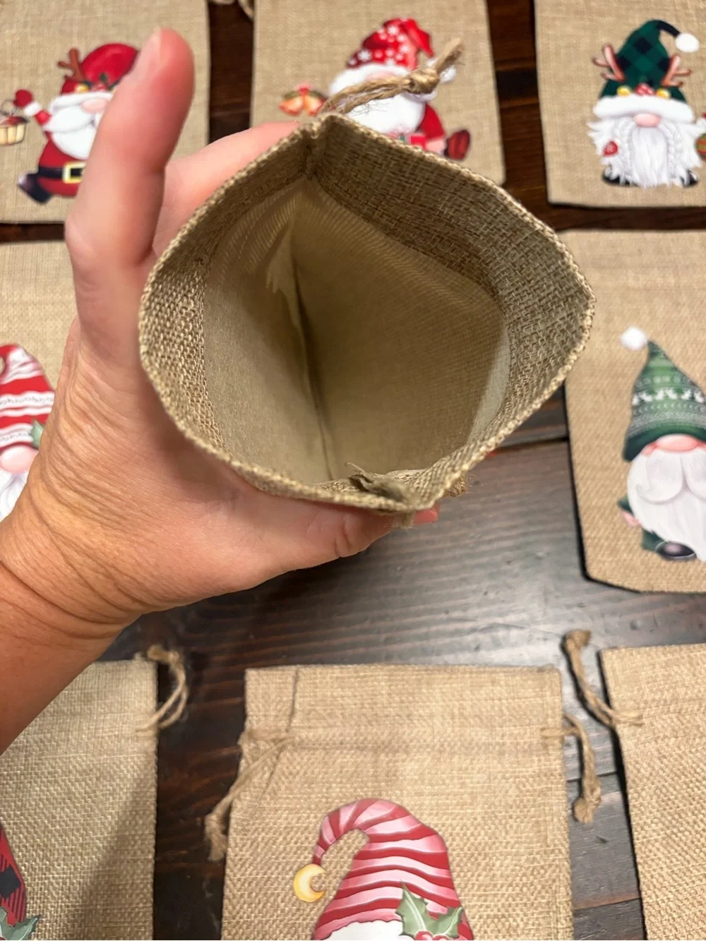 Festive Gnome Burlap Gift Bags – Assorted Holiday Colors